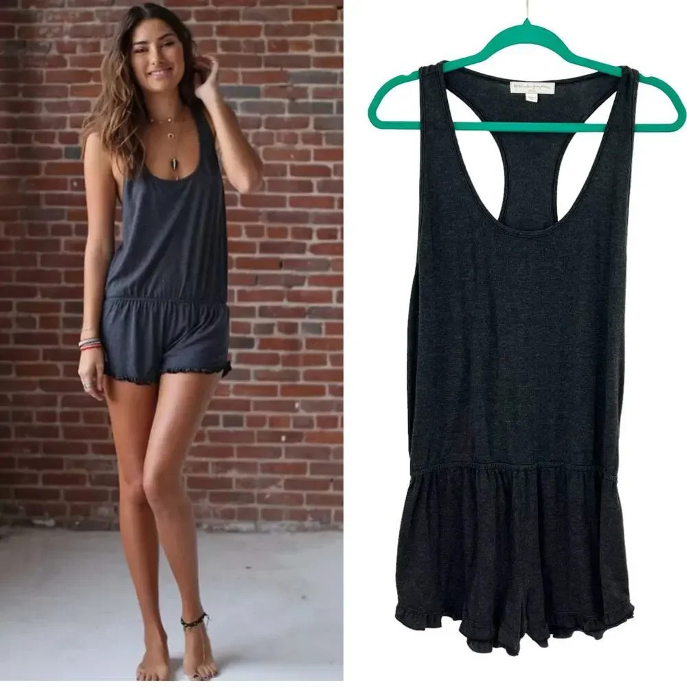 Spiritual Gangster Ruffle Short Romper Charcoal Gray Sleeveless Size Medium